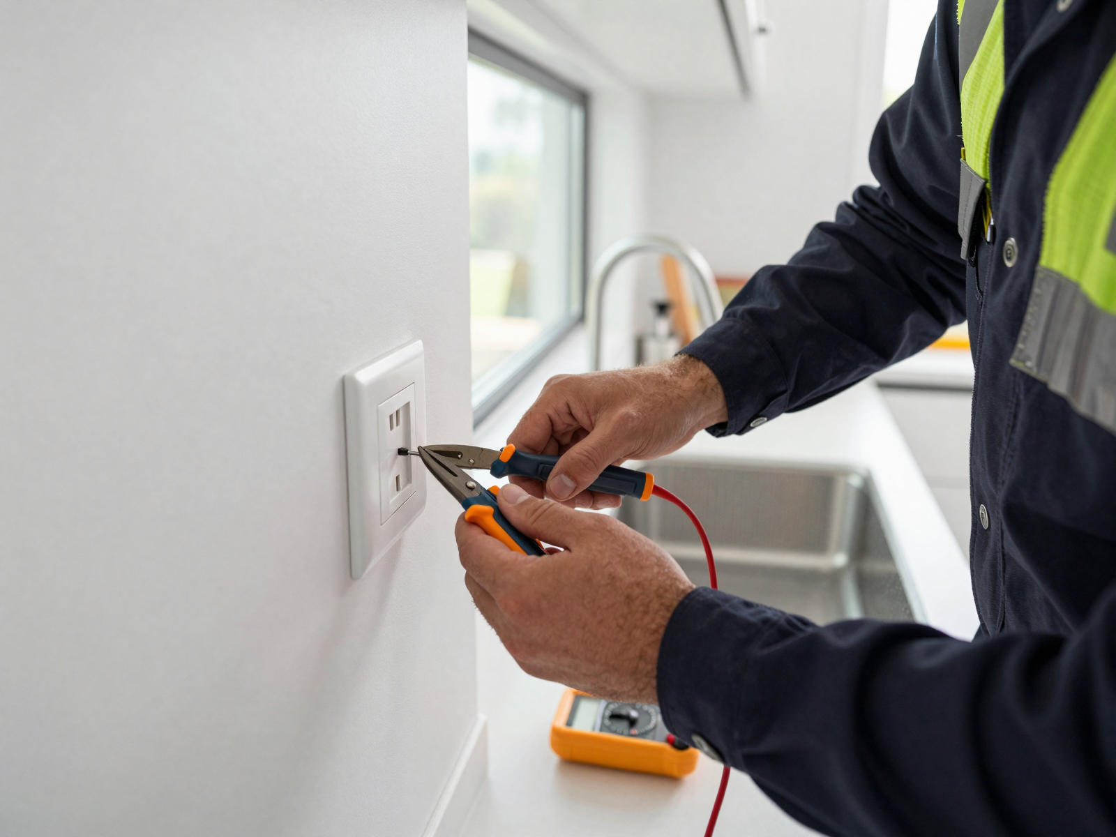 Electrician installing new electrical outlet